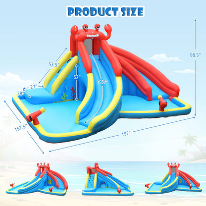 BOUNTECH Toboggan aquatique gonflable 7 en 1 pour les enfants en plein air avec double long toboggan, souffleur 950 W, piscine à éclaboussures, toboggans gonflables sur le thème du crabe pour enfants et adultes, cadeaux de fête avec souffleur d'air 950 W