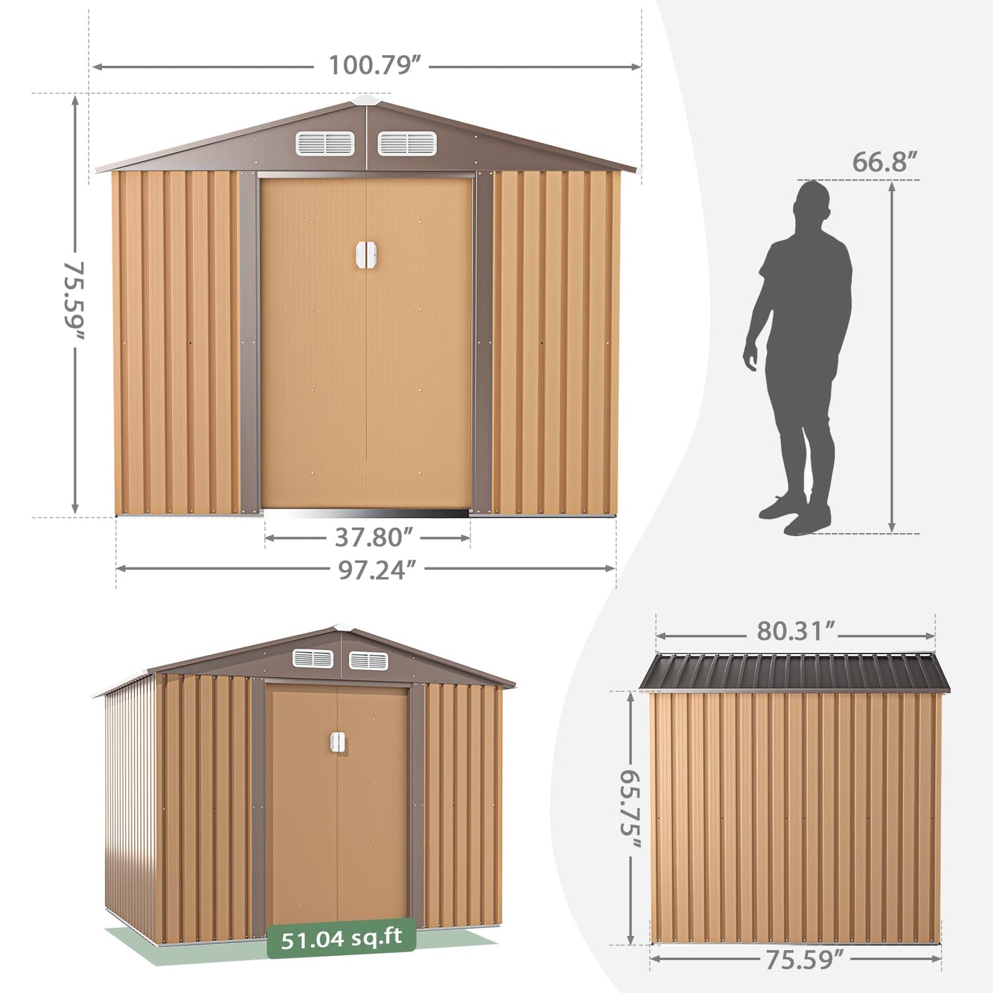 HOGYME Abri de rangement 8' x 6' Abri de jardin extérieur Abri en métal adapté au stockage des outils de jardin Tondeuse à gazon Échelle Café 8x6 