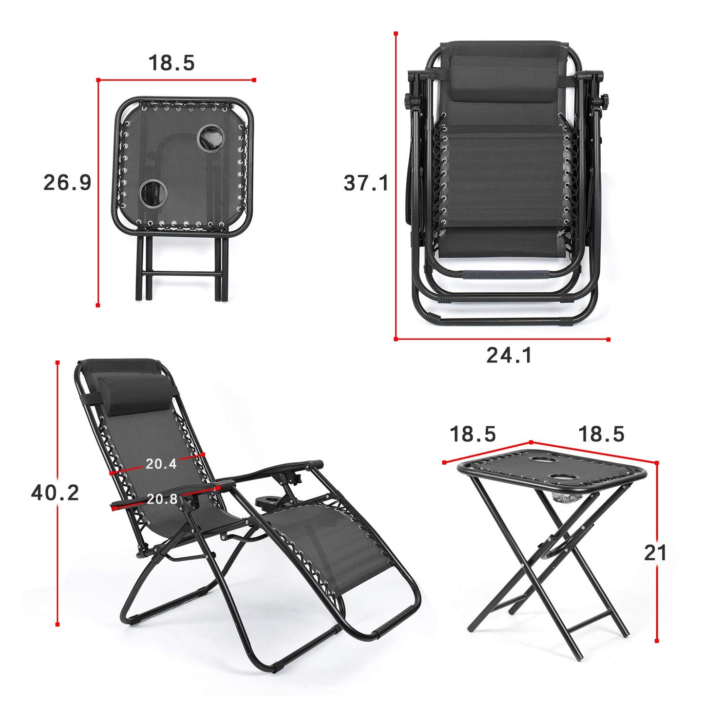 Flamaker Zero Gravity Chaises Chaise longue inclinable pliante d'extérieur avec table d'appoint et porte-gobelets pour piscine, cour et camping (Noir) Noir