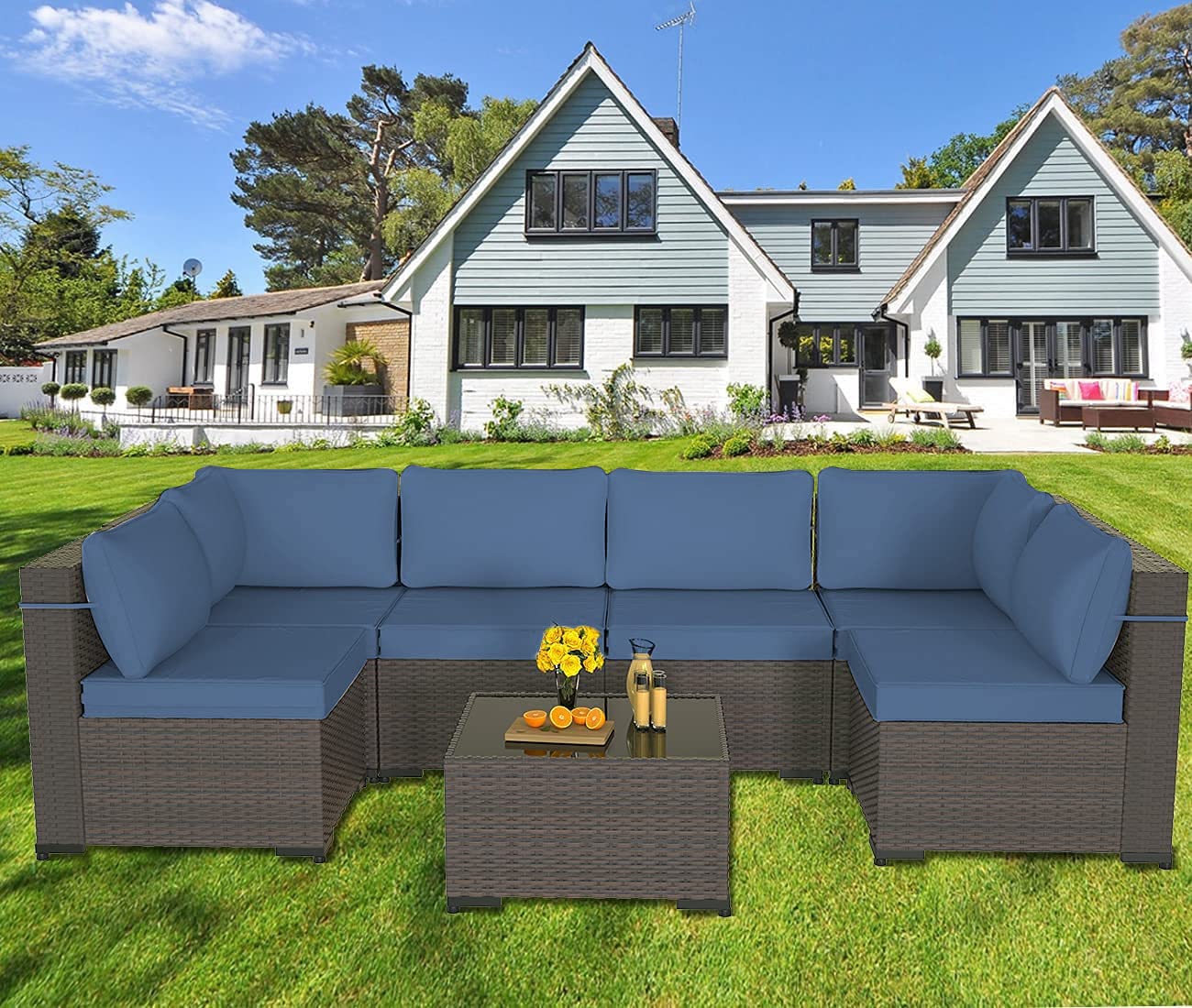 ALAULM 7 Piece Outdoor Patio Furniture Sets, Patio Sectional Sofa - Dark Blue