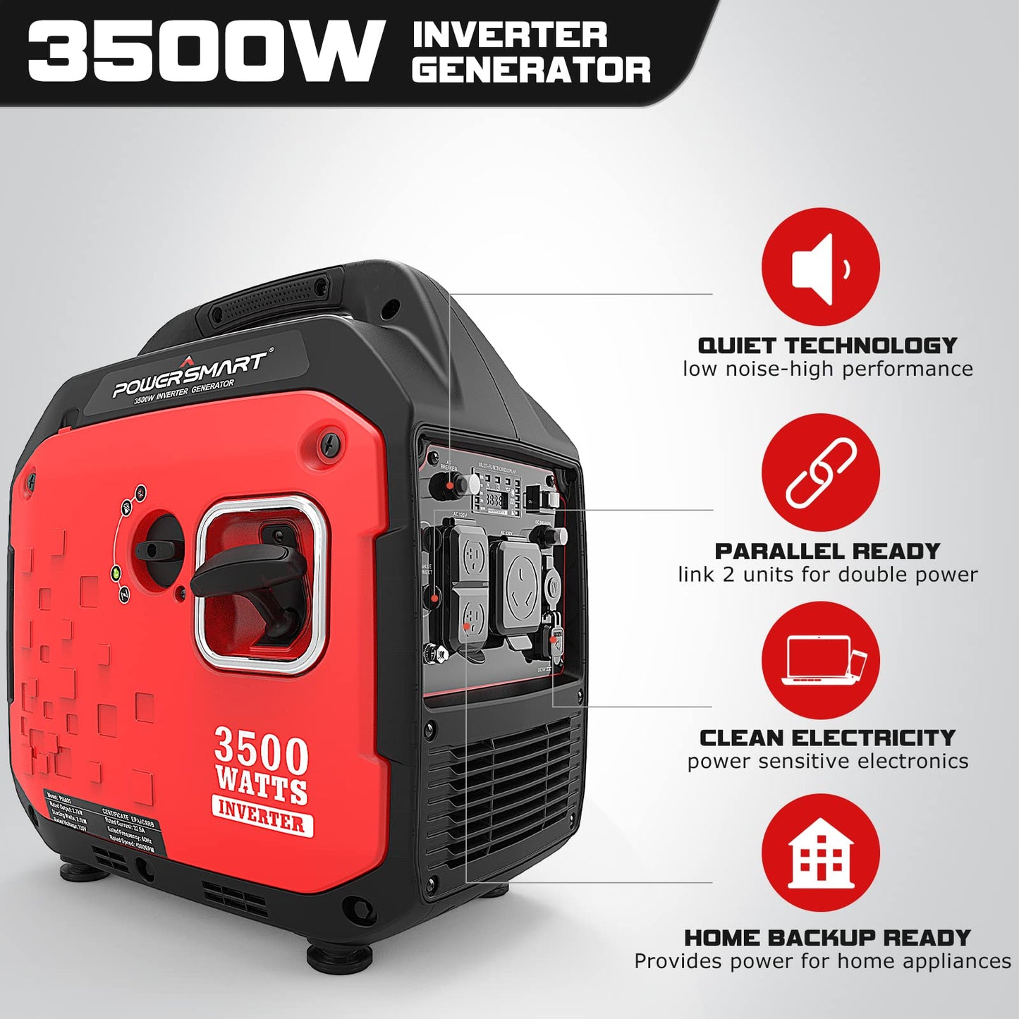 PowerSmart 3500-Watt Portable Inverter Generator Gas Powered, Super Quiet Outdoor Generator RV Ready for Home Use, CARB Compliant PS5035 3500 Watts