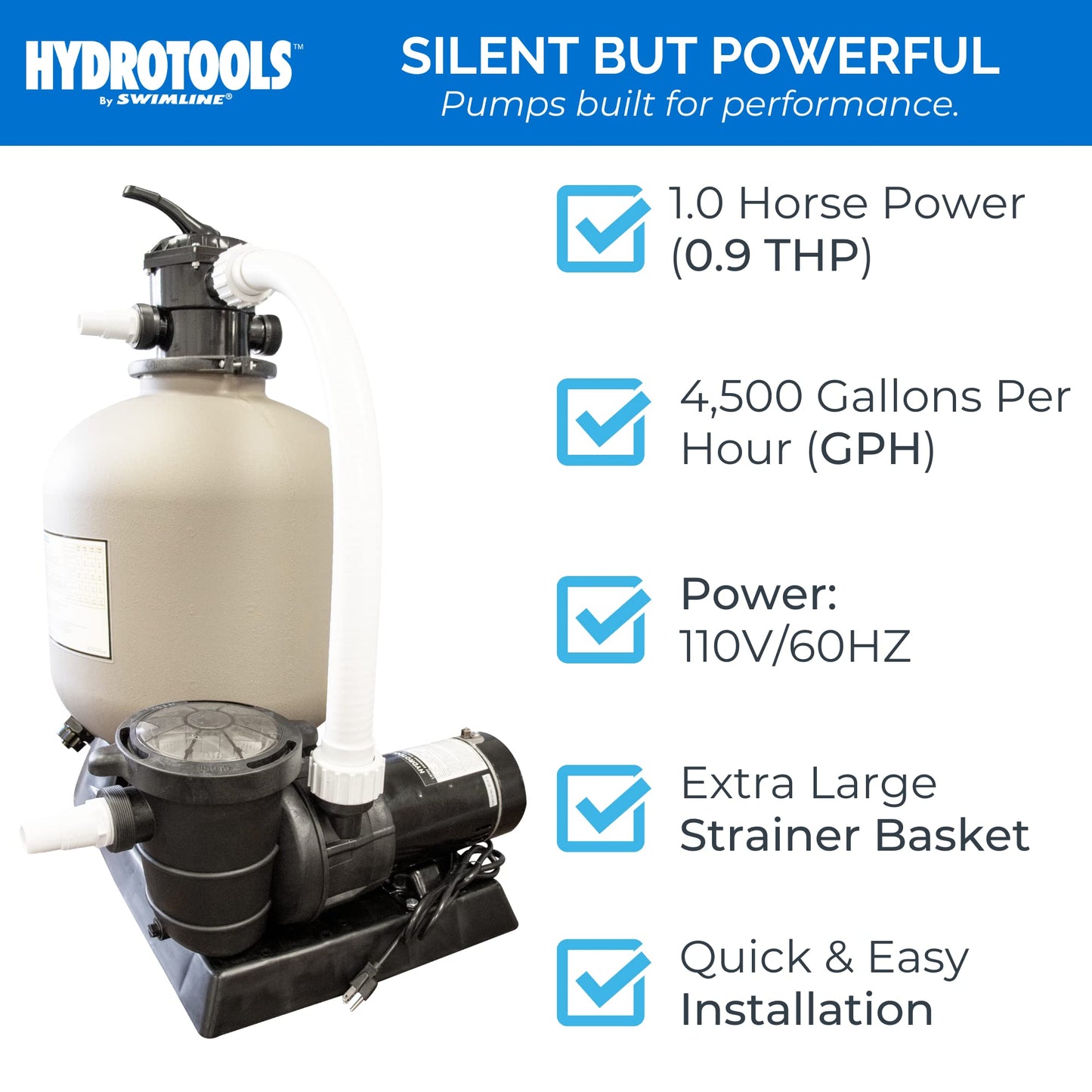 HYDROTOOLS By SWIMLINE Pool Sand Filter Pump For Above Ground & Inground Pool | 19 Inch Cleaner System 1 HP (0.9 THP) Horsepower 4500 GPH | For Pools Up To 19000 Gallons Compatible 7 Way Valve 71915 19'' A/G Sand Filter Up To 19000 Gal