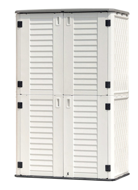 KINYING Outdoor Storage Shed Waterproof, Resin Vertical Storage Cabinet Double-Layered, Versatile to Store Patio Furniture, Garden Tools, Pool Accessories,Mower (52 Cu.ft,White) Creamy-white-01A