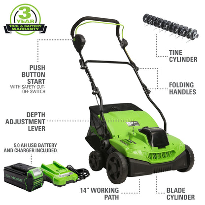 Déchaumeur/scarificateur Greenworks 40 V (2 en 1), batterie USB 5 Ah et chargeur rapide inclus, déchaumeur/scarificateur DT40B510 40 V (5,0 Ah) 