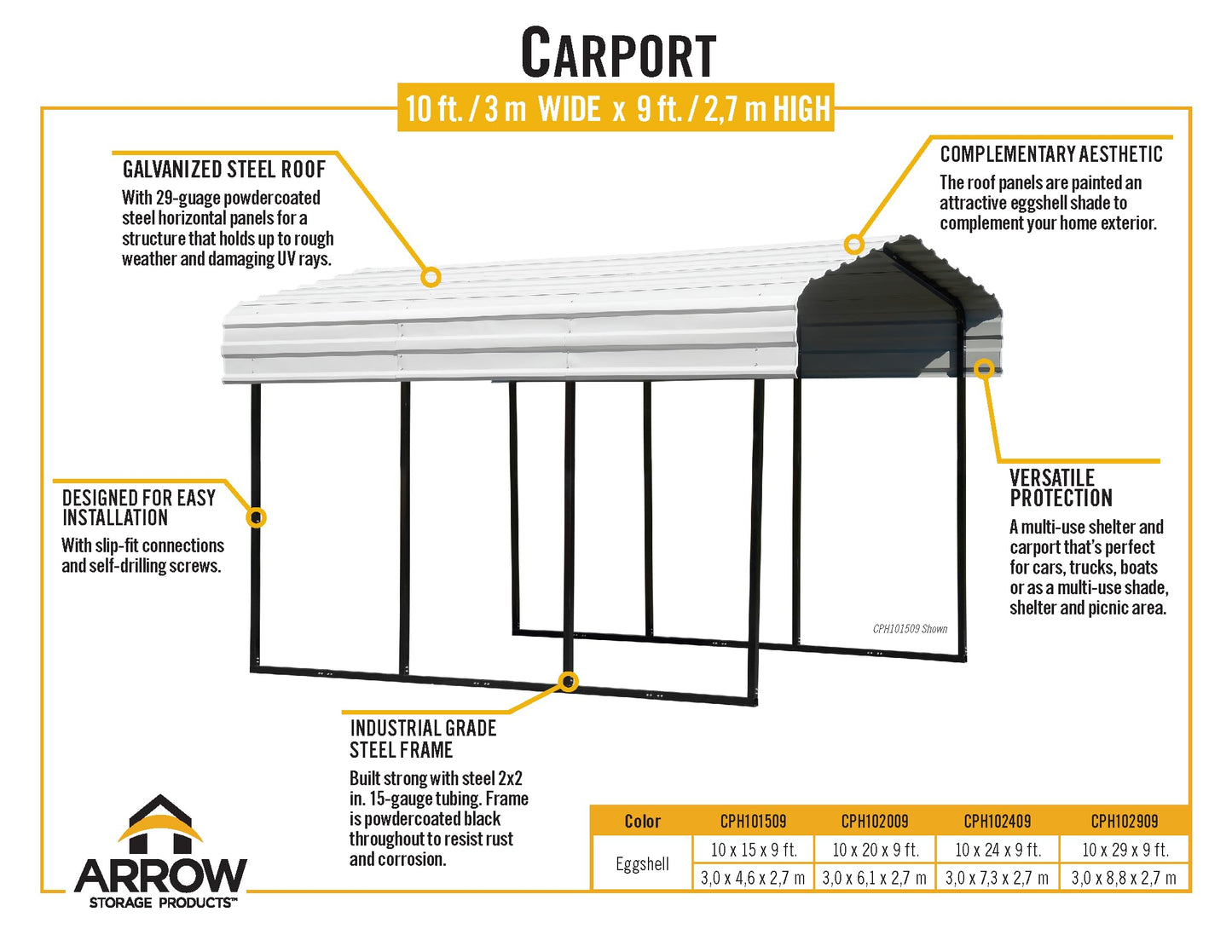 Arrow Carport, 10 ft. x 29 ft. x 9 ft. Eggshell 10' x 29' x 9'