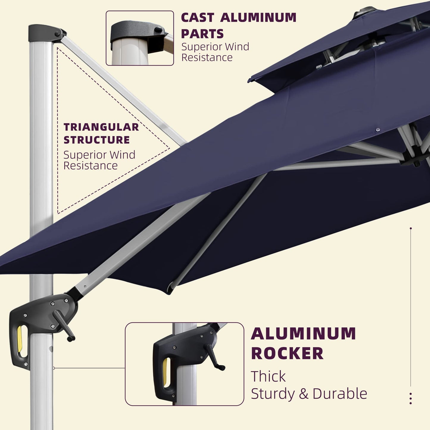 Parasol de patio carré de luxe 11 pieds bleu marine 