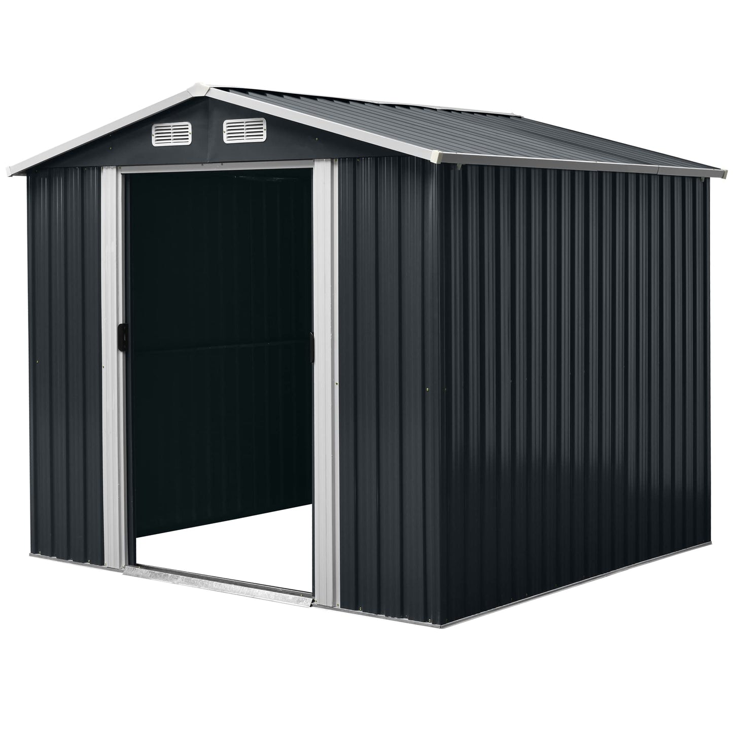 Chery Industrial 8x9FT Shed Outdoor Storage Shed, Galvanized Garden Shed with Air Vent and Slide Door, Tool Storage Backyard Shed,Tiny House Garden Tool Storage for Backyard Patio Lawn(Black)