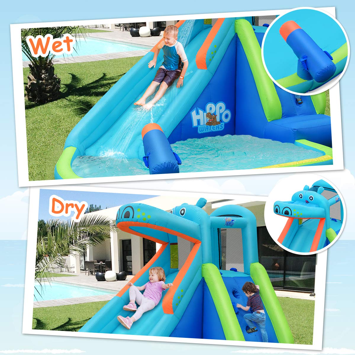 BOUNTECH Inflatable Water Slide, Hippo Themed Waterslide Park for Kids Backyard Outdoor Fun w/Long Slide, Splashing Pool, Blow up Water Slides Inflatables for Kids and Adults Party Gifts Hippo without Blower