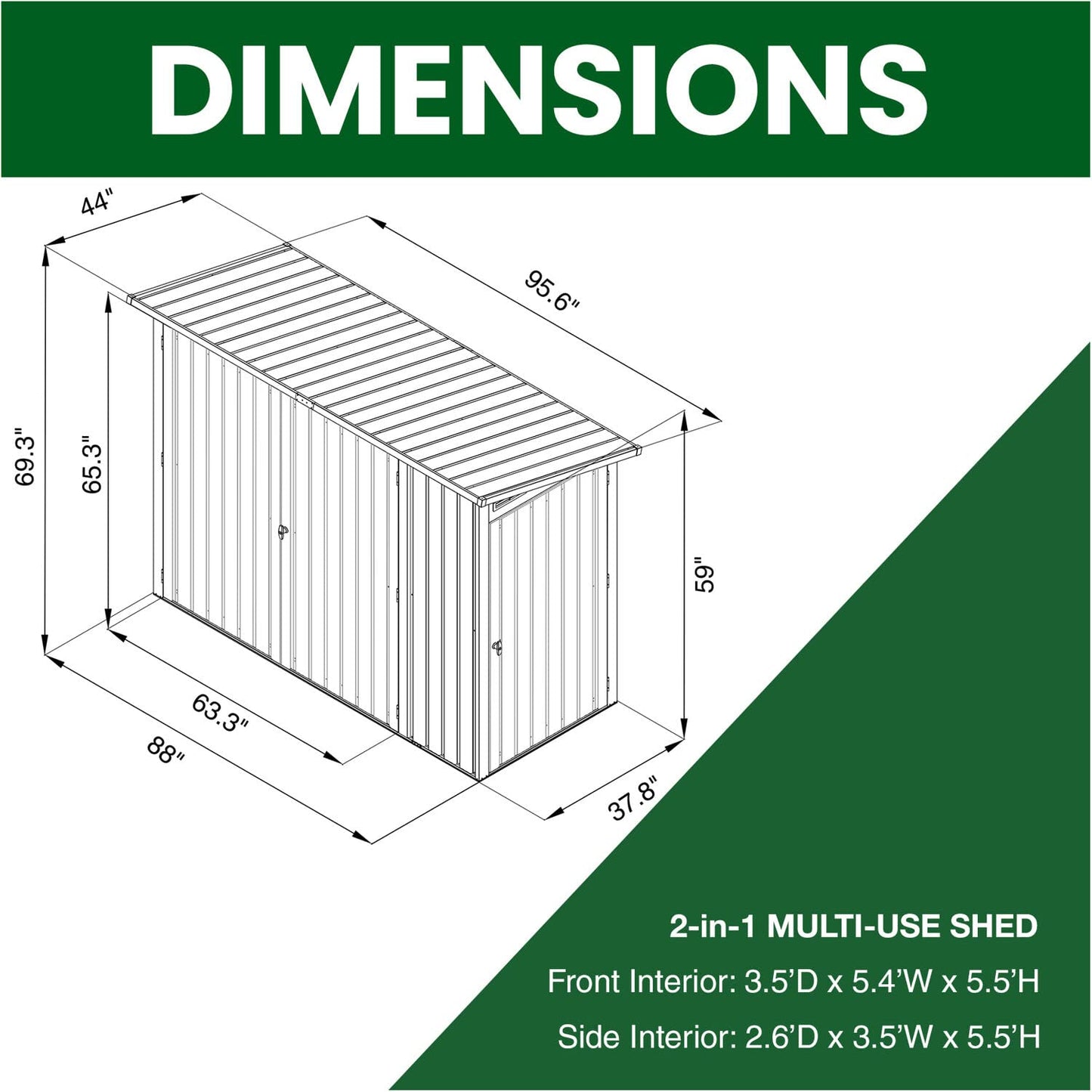 Remise de rangement multi-usage 2 en 1 Hanover, compartiments de rangement séparés, système de verrouillage à 2 points, acier galvanisé, 156 Cu. Fort. Capacité, 3,6 pieds. x 8 pieds. x 5,75 pi, remise multi-usage en acier gris foncé 