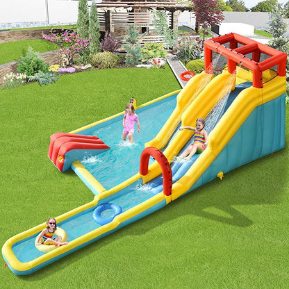 BOUNTECH Inflatable Water Slide, 7 in 1 Mega Waterslide Park for Kids Backyard Fun w/Double Long Slide, 735W Blower, Splash Pool, Water Slides Inflatables for Kids and Adults Outdoor Party Gifts With 735W Air Blower