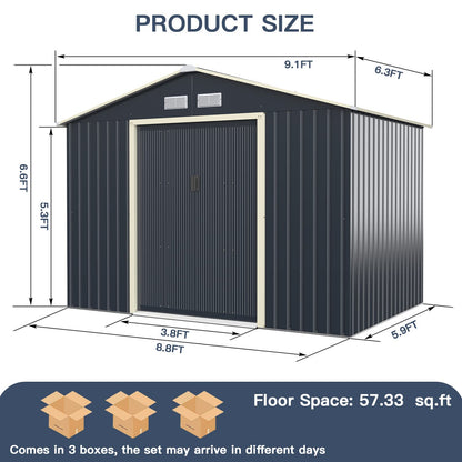 Giantex Abri de rangement extérieur avec double porte coulissante, espace de rangement de jardin en métal galvanisé, ventilation avant et arrière, abri de rangement résistant aux intempéries pour jardin, patio, pelouse (9 x 6 pieds) 9 x 6 pieds 