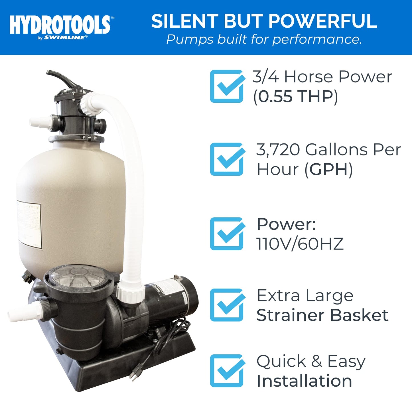 HYDROTOOLS By SWIMLINE Pool Sand Filter Pump For Above Ground & Inground Pool | 16 Inch Cleaner System 3/4 HP (0.55 THP) Horsepower 3720 GPH |For Pools Up To 15600 Gallons Compatible 7 Way Valve 71610 16'' A/G Sand Filter Up To 15600 Gal