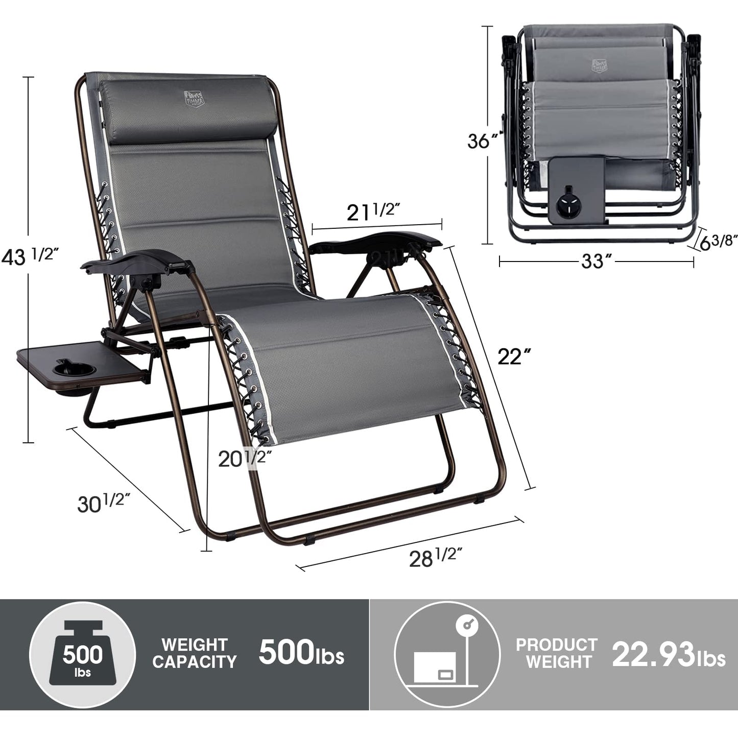 TIMBER RIDGE XXL Oversized Zero Gravity Chair, Full Padded Patio Lounger with Side Table, 33”Wide Reclining Lawn Chair, Support 500lbs(Gray) Grey-new
