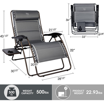 TIMBER RIDGE XXL Chaise Zero Gravity surdimensionnée, chaise longue de terrasse entièrement rembourrée avec table d'appoint, chaise de jardin inclinable de 33 pouces de large, support 500 lb (gris) gris-nouveau