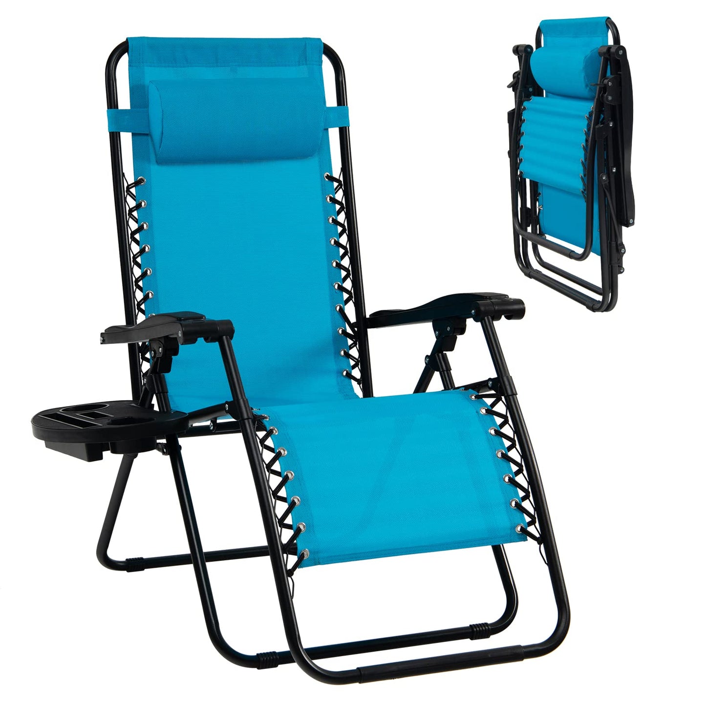 Goplus Zero Gravity Chair, Adjustable Folding Reclining Lounge Chair with Pillow and Cup Holder, Patio Lawn Recliner for Outdoor Pool Camp Yard (1, Light Blue) set of 1