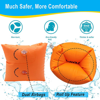 Inflatable Arm Swimming Floats Bands, Floatation Water Wings, Swimming Arm Ring Floatie for Children and Adults 1 blue & orange