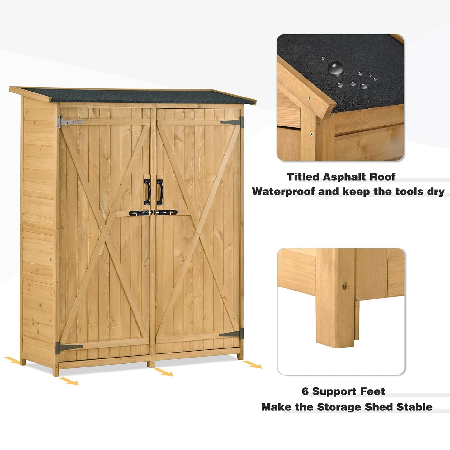 Outdoor Wooden Storage Cabinet Waterproof, Garden Tool Shed with 3-Tier Shelves, Outside Vertical Shed with 2 Double Doors, Fir Wood, 2 Locks & Handles, Natural 55 x 20 x 64 Natural-1