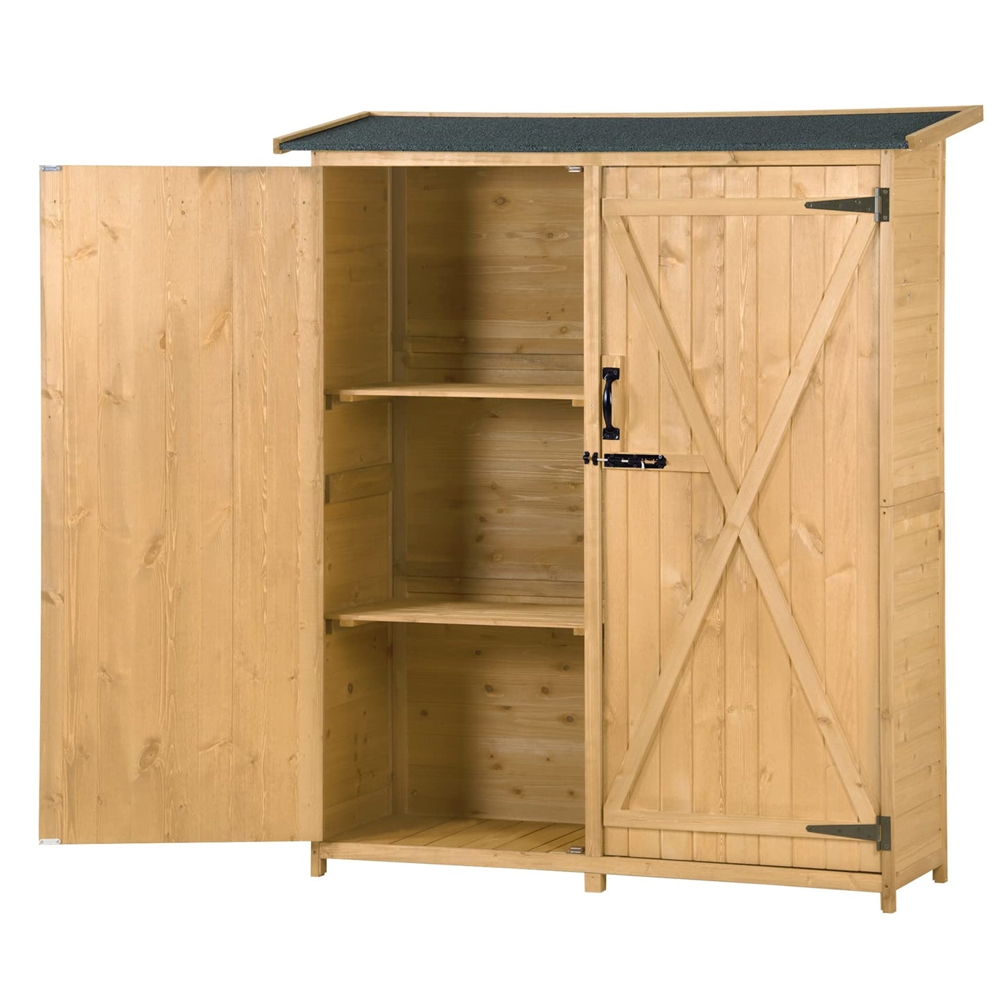 Outdoor Storage Shed with Floor, Wooden Storage Cabinet Waterproof, Garden Tool Shed with 3-Tier Shelves, Outside Vertical Shed with 2 Double Doors, Fir Wood, 2 Locks & Handles (Natural) 55.1 x 20 x 63.8 Natural with 3 Tier Shelves