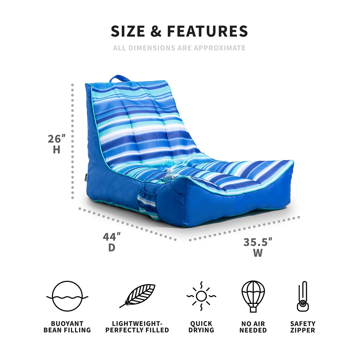 Big Joe Captain's Float No Inflation Needed Pool Lounger with Drink Holder, Blurred Blue Double Sided Mesh, 3ft Blurred Stripe Captains Float 2.0