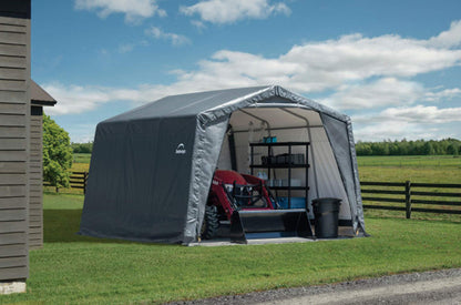 ShelterLogic Abri de rangement extérieur extra haut avec toit en métal en acier toutes saisons avec housse imperméable et ancrages à tarière réutilisables robustes 3,7 x 3,1 x 2,4 m, gris 