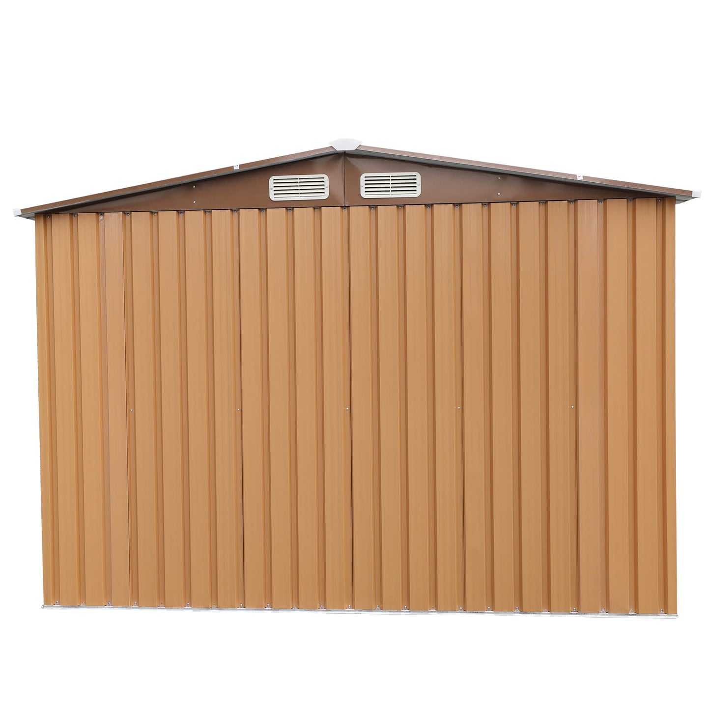 NBTiger Grand abri de rangement extérieur de 2,4 x 2,4 m, outil utilitaire robuste, organisateur d'équipement de tondeuse à gazon pour jardin avec toit à pignon, porte coulissante verrouillable, cadre de sol, aérations – Marron 