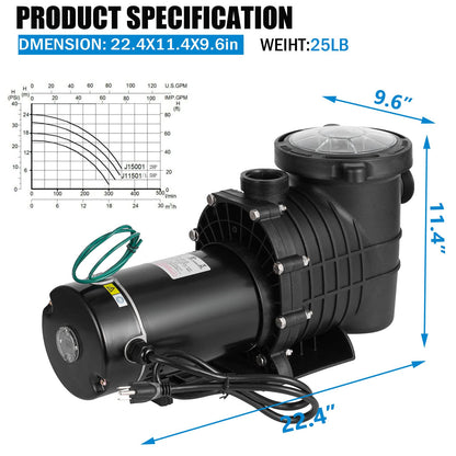 Pompe de piscine TOPDEEP 1,5 HP creusée, pompe de piscine auto-amorçante hors sol, pompes de piscine à vitesse unique double tension avec panier de crépine et 2 connecteurs 1-1/2NPT