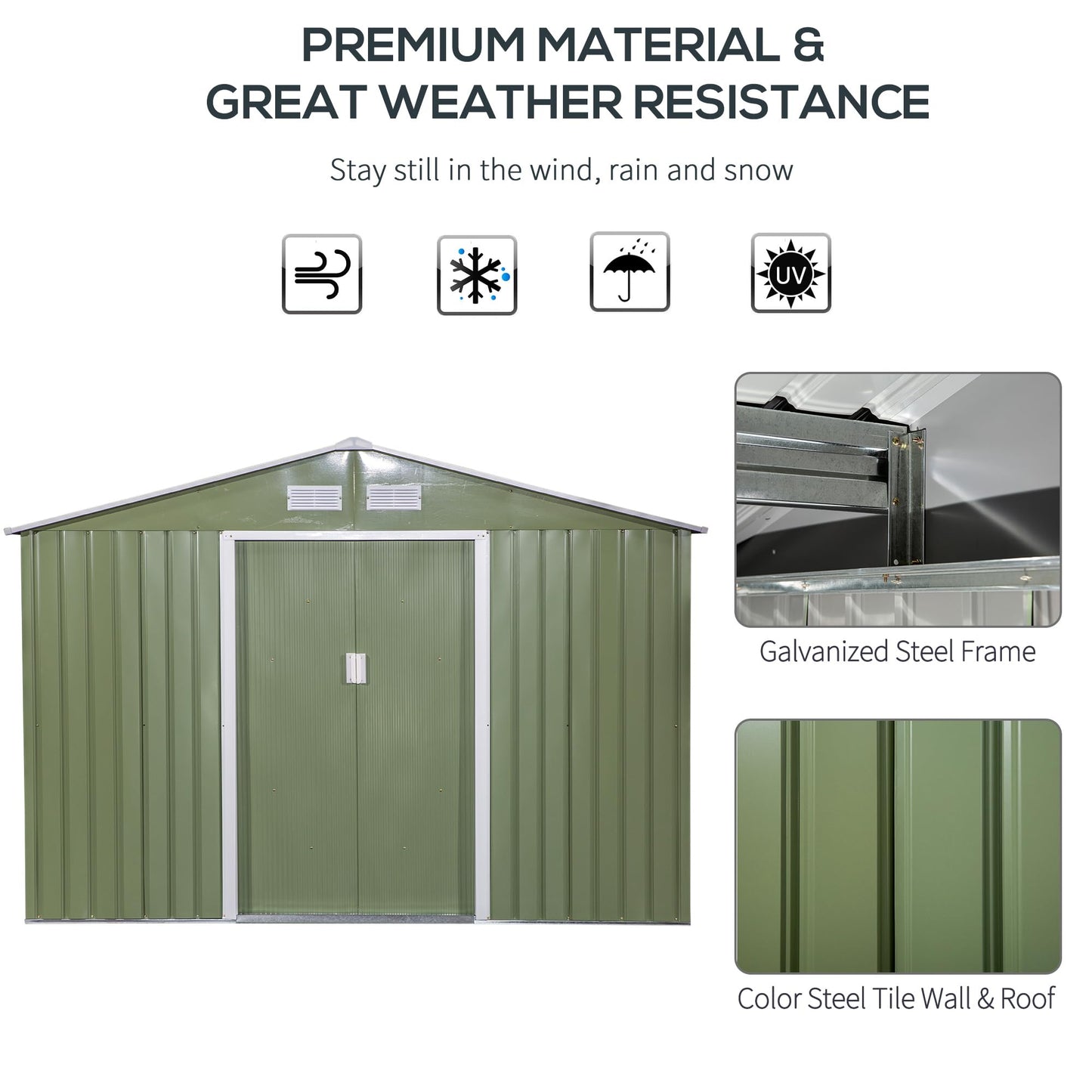 Outsunny 9' x 6' Metal Storage Shed, Garden Tool House with Floor Foundation, Double Sliding Doors, 4 Air Vents for Backyard, Patio, Lawn, Green 9' x 6'