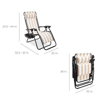 Best Choice Products Lot de 2 fauteuils inclinables réglables en maille d'acier zéro gravité avec oreillers et plateaux porte-gobelets, rayures beiges