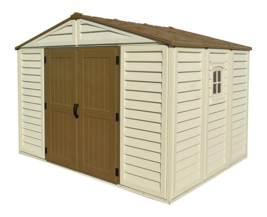 Duramax 0638801402145 Woodbridge Plus Abri de jardin en plastique 10,5 x 8 avec kit de fondation et fenêtre fixe - ivoire et marron - Garantie 15 ans, 10 x 8, marron et ivoire 