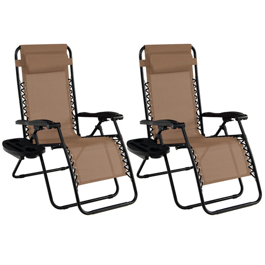 Goplus Zero Gravity Chair, Adjustable Folding Reclining Lounge Chair with Pillow and Cup Holder, Patio Lawn Recliner for Outdoor Pool Camp Yard (Set of 2, Beige) set of 2