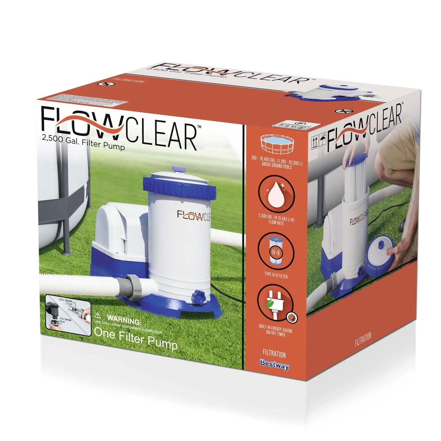 Bestway 58392E Flowclear 2500 GPH Water Filter Pump for Above-Ground Swimming Pools with Customizable Timer and Set of Adapters 2500gal