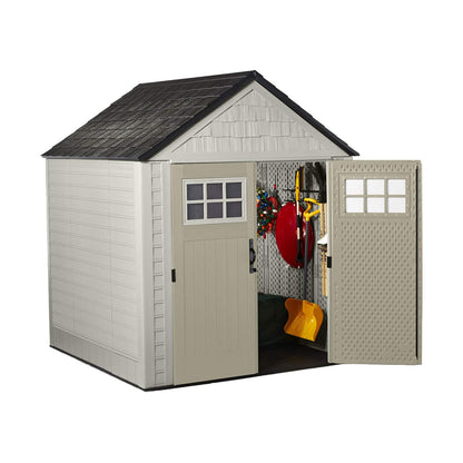 Rubbermaid 7 x 7 Feet Weather Resistant Resin Outdoor Storage Shed + 34 Inch Garden Tool & Sports Storage Rack for Sheds