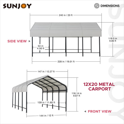 Sunjoy Carport 12 x 20 pi Tonnelle d'extérieur, abri de garage robuste avec toit et cadre en acier/aluminium enduit de poudre, abri de voiture à toit Gambrel pour voiture, bateau, remorque et équipement extérieur blanc/noir 12 x 20 pi 