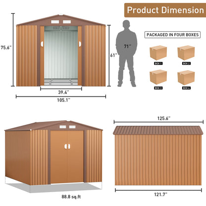 HOGYME 10.5' x 9.1' Storage Shed Large Metal Shed, Sheds &Outdoor Storage Clearance Suitable for Garden Tool Bike Lawn Mower Ladder, Utility Tool House w/Lockable/Sliding Door, 4 Vents, Coffee 9.1x10.5