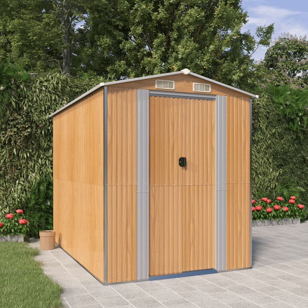 GOLINPEILO Outdoor Garden Shed with Sliding Doors and Vents Galvanized Steel Outdoor Tool Shed Pool Supplies Organizer Outside Shed for Yard Backyard Lawn Mower, Light Brown 75.6"x107.9"x87.8" 75.6"x107.9"x87.8"