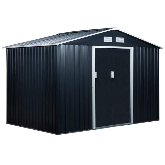 Outsunny 9' x 6' Metal Storage Shed, Garden Tool House with Floor Foundation, Double Sliding Doors, 4 Air Vents for Backyard, Patio, Lawn, Dark Grey 9' x 6'