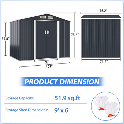 JAXPETY Abri de rangement extérieur de 6,3' x 9,1', abri de rangement en métal avec portes verrouillables/coulissantes, abri à outils utilitaire en acier avec cadre de sol pour jardin, terrasse, pelouse, gris 6,3x9,1 