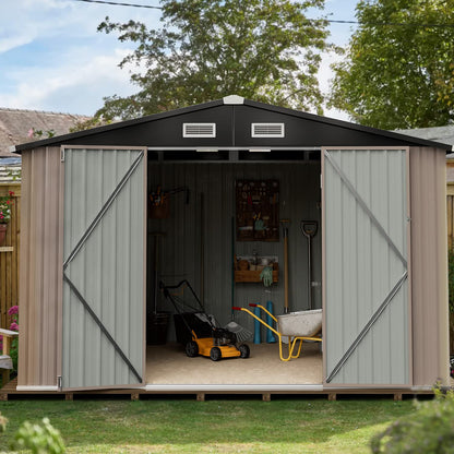 oneinmil Storage Shed 8'x10' Outdoor Garden Storage Shed, Galvanized Steel Metal Garden Shed with Air Vent and Hinged Door Utility Tool Storage House for Garden, Backyard, Patio, Lawn Brown 8x10ft