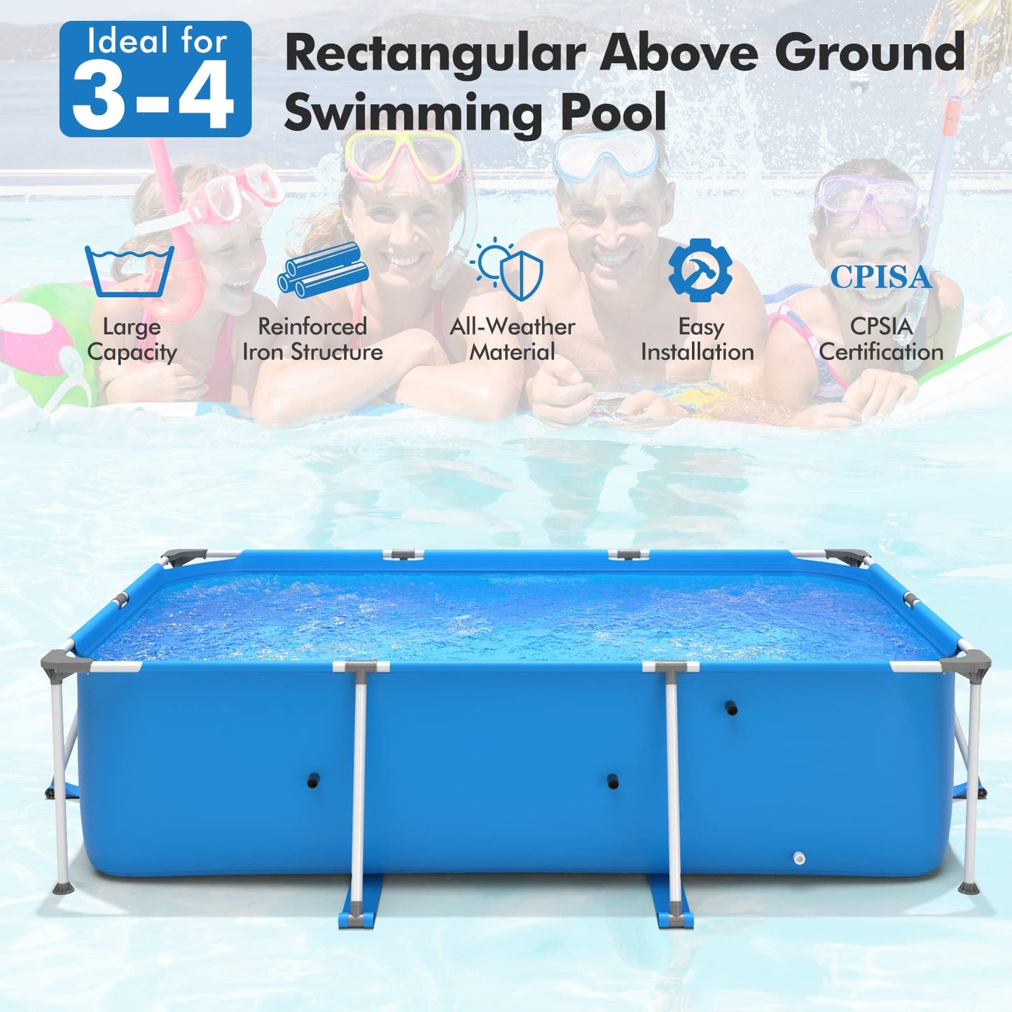 Goplus Frame Swimming Pool, 10ft x 6.7ft x 30in Rectangular Above Ground Pools W/Steel Frame, Pool Cover, Easy Setup & Drainage, Family Pool for Backyard, Garden,Patio, Balcony (Blue) Blue