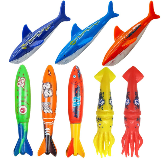 Ensemble de jouets de plongée en piscine pour enfants, pratique de la plongée et de la natation, torpilles sous-marines, requins et calamars multicolores assortis