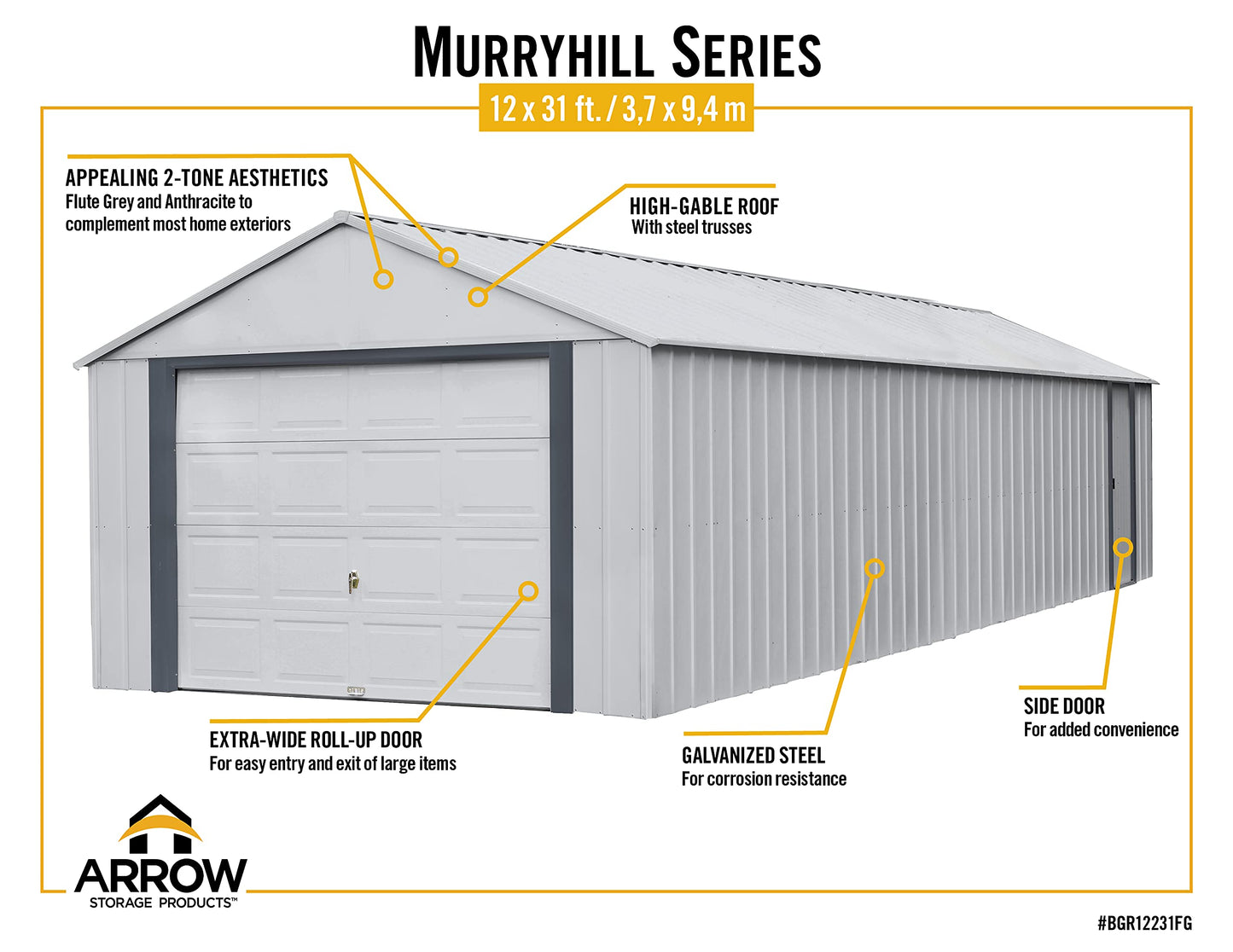 Arrow Shed 12' x 31' Murryhill Garage Murs extra hauts en acier galvanisé Bâtiment de stockage préfabriqué, 12' x 31', Gris flûte 