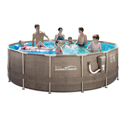 Summer Waves P20014482 14ft x 48in Outdoor Round Frame Above Ground Swimming Pool Set with Skimmer Filter Pump, Filter Cartridge, and Ladder, Brown Light Wicker/Sand