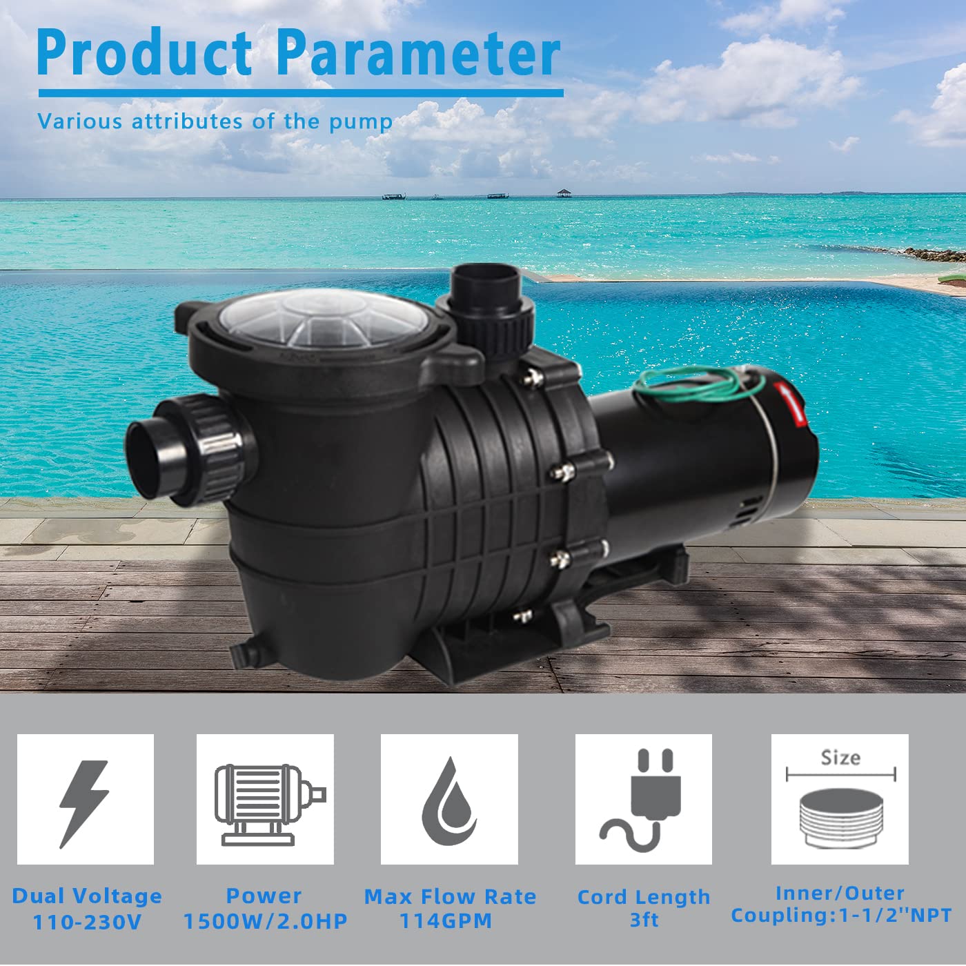 TRUPOW 2.0HP 114GPM Swimming Pool Pump 110V/220V Dual Voltage Garden InGround and Above Ground Pool Water Pump with Strainer Filter Basket 110-240v Dual Volt
