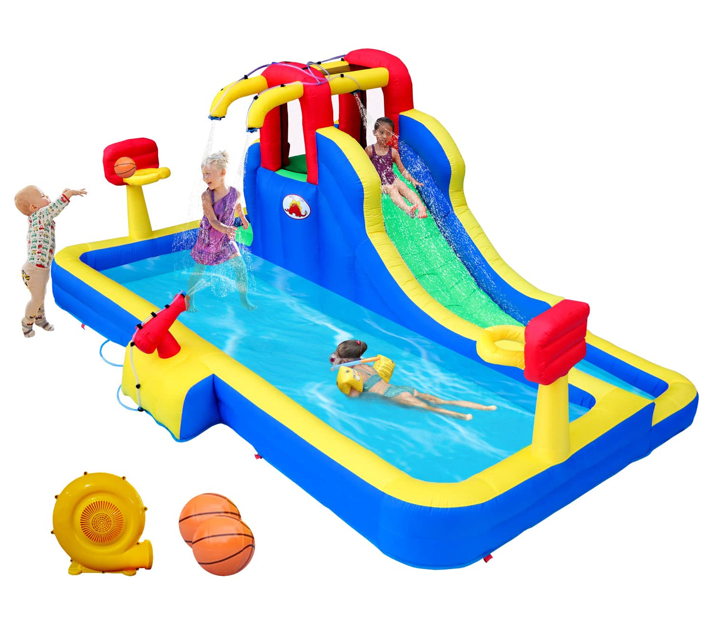 WELLFUNTIME Inflatable Water Park with Blower, Slide with Water Cannon and Double Basketball Rings