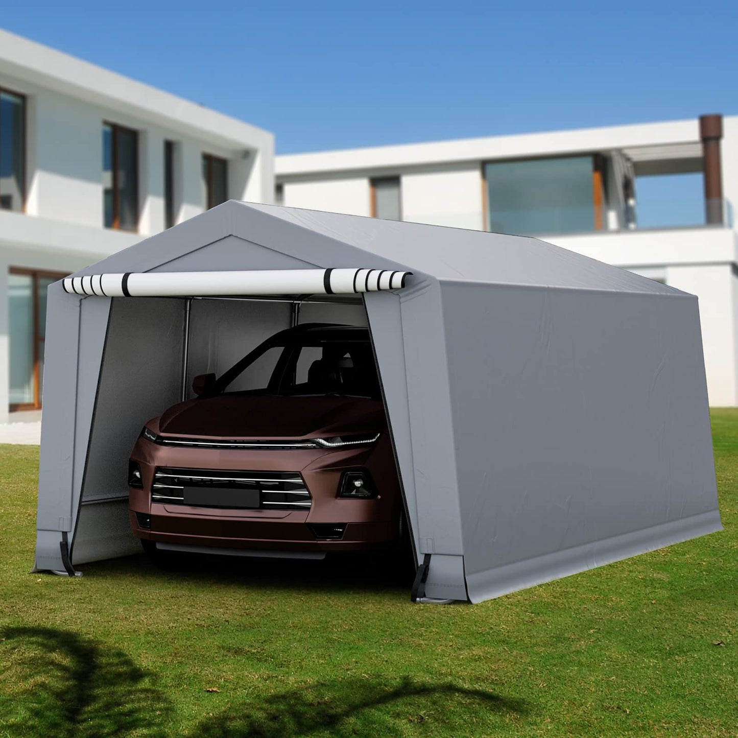 Tangkula Abri de voiture robuste de 3 x 6 m, garage portable extérieur avec poutres triangulaires renforcées, cadre en acier galvanisé, auvent de voiture en métal toutes saisons avec 2 portes amovibles pour voiture, camion, SUV, bateau 