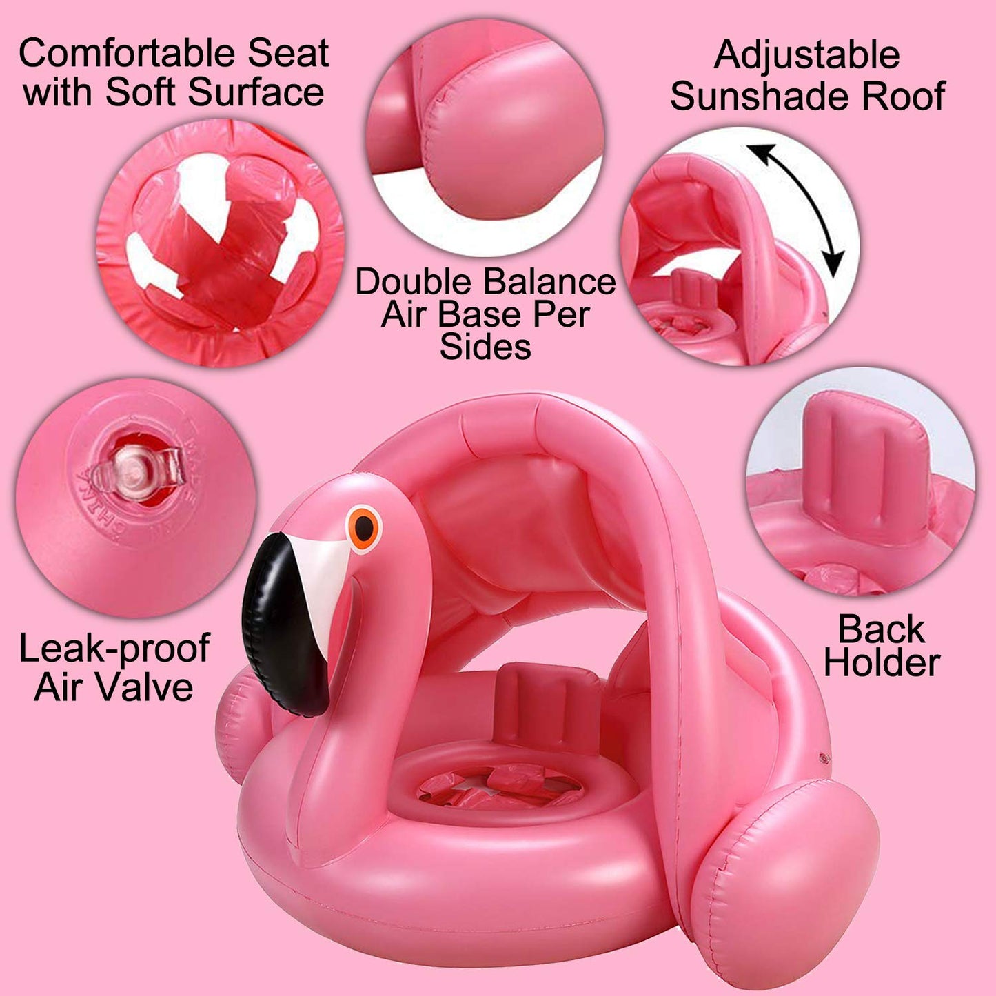 Flamingo Baby Swimming Ring with UPF 50+ Canopy Back Holder Never Flip, Inflatable Baby Pool Float Sunshade for Infant Kids Boys Girls Toddlers Summer Outdoor Beach Water Toys Pink