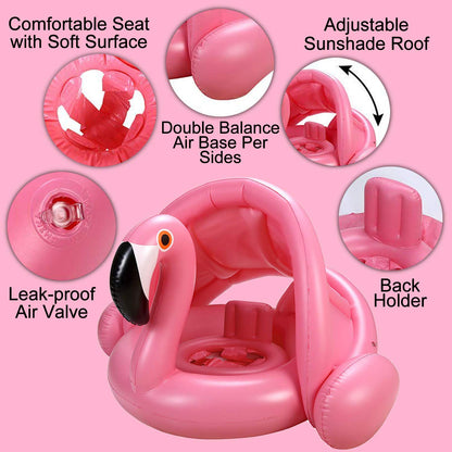 Anneau de natation Flamingo pour bébé avec support arrière UPF 50+ ne se retourne jamais, pare-soleil gonflable pour bébé, enfants, garçons, filles, tout-petits, été, plage, jouets aquatiques, rose