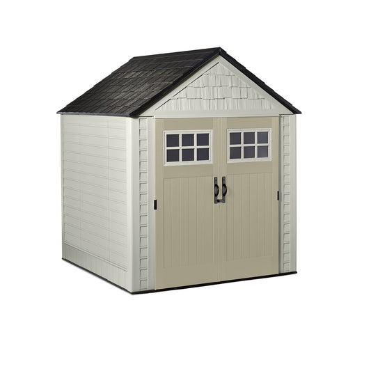 Rubbermaid Resin Weather Resistant Outdoor Storage Shed, 7 x 7 ft. , Faint Maple/Onyx/Sandstone, for Garden/Backyard/Home/Pool 7'x7' Sandstone