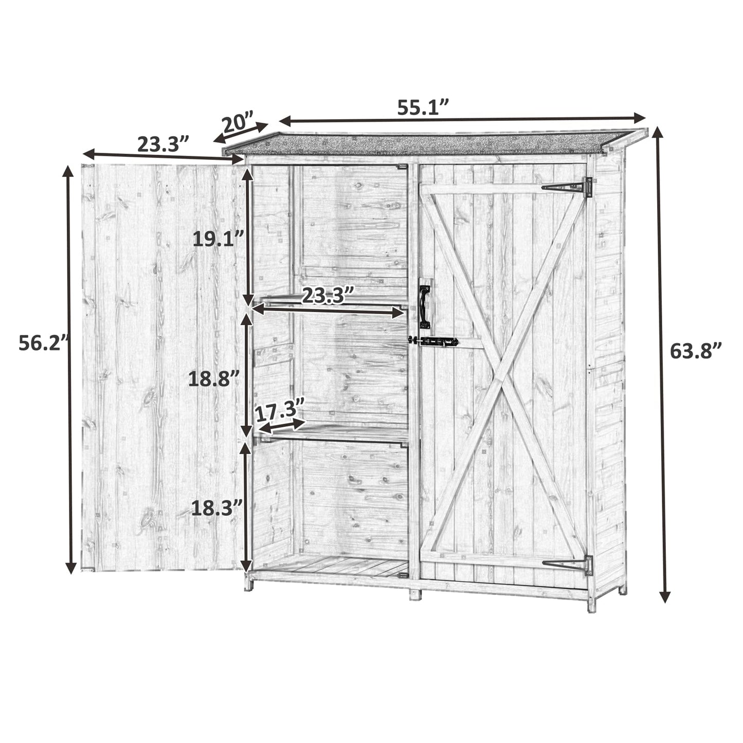 Armoire de rangement extérieure en bois étanche, abri de jardin avec étagères à 3 niveaux, abri vertical extérieur avec 2 portes doubles, bois de sapin, 2 serrures et poignées, gris 55 x 20 x 64 gris-1 