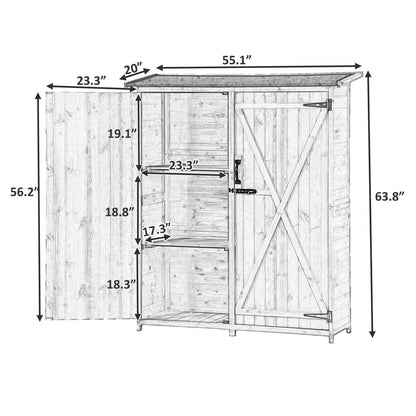 Armoire de rangement extérieure en bois étanche, abri de jardin avec étagères à 3 niveaux, abri vertical extérieur avec 2 portes doubles, bois de sapin, 2 serrures et poignées, gris 55 x 20 x 64 gris-1 